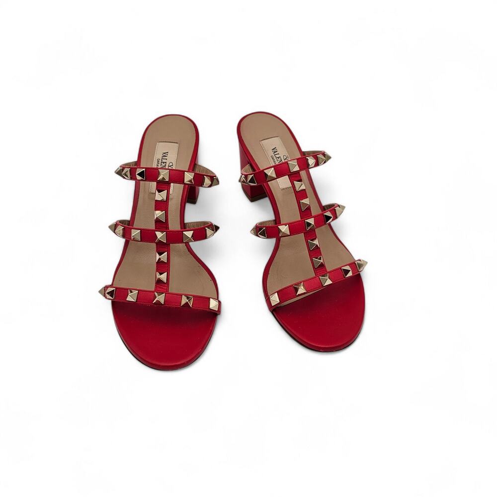 Valentino Garavani Rockstud Sandal Cage Block Heel Red Leather Size 36.5 US 6.5
